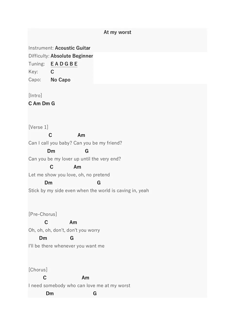 Pink Sweat At My Worst (Acoustic Guitar Chords) TAB by Music Playlist