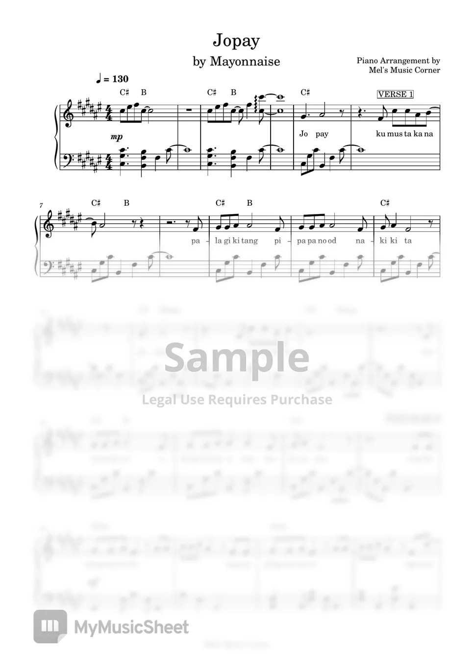 Mayonnaise Jopay (piano sheet music) Sheets by Mel's Music Corner