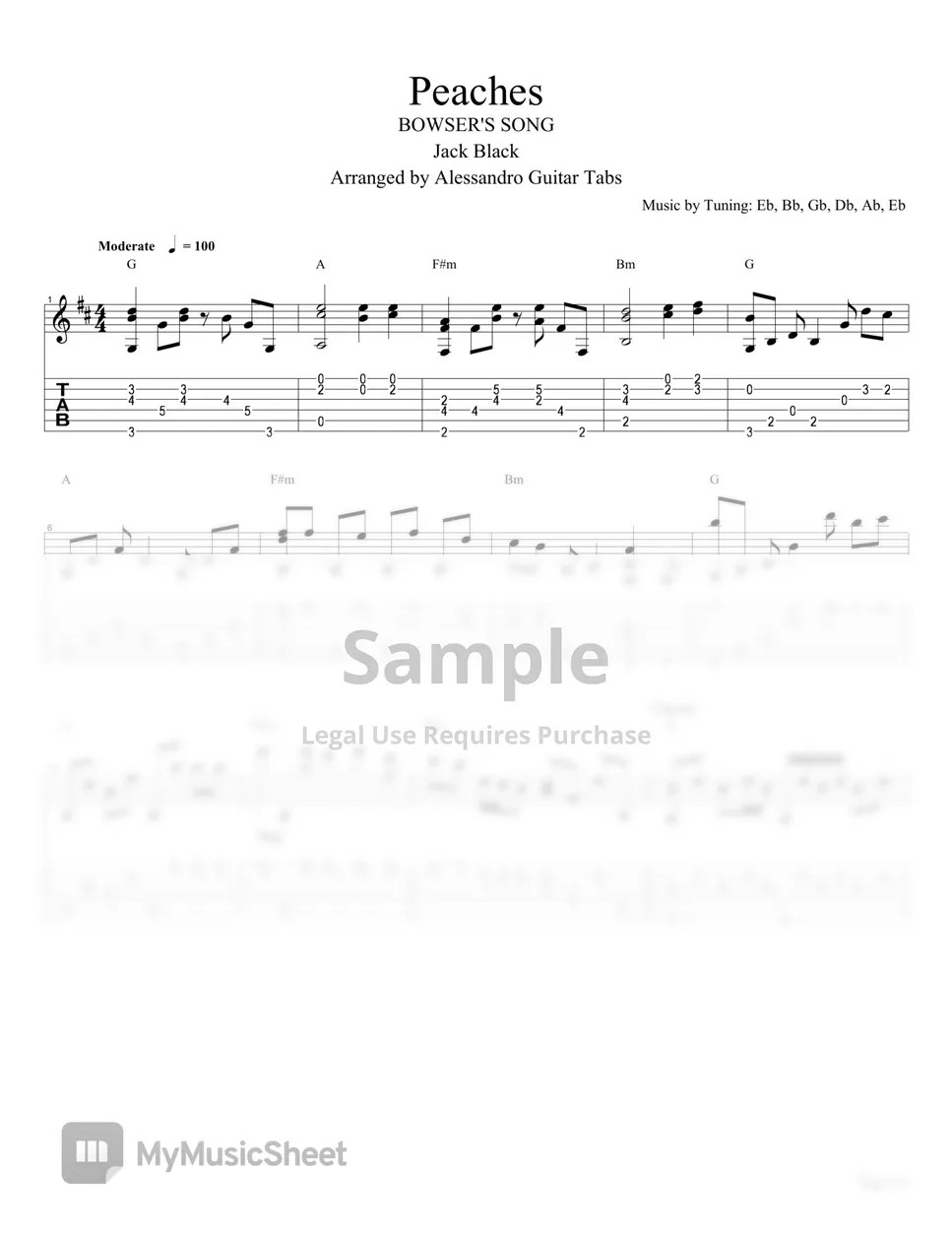 Jack Black PEACHES [Bowser's Song] (fingersyle, guitar cover) Sheets