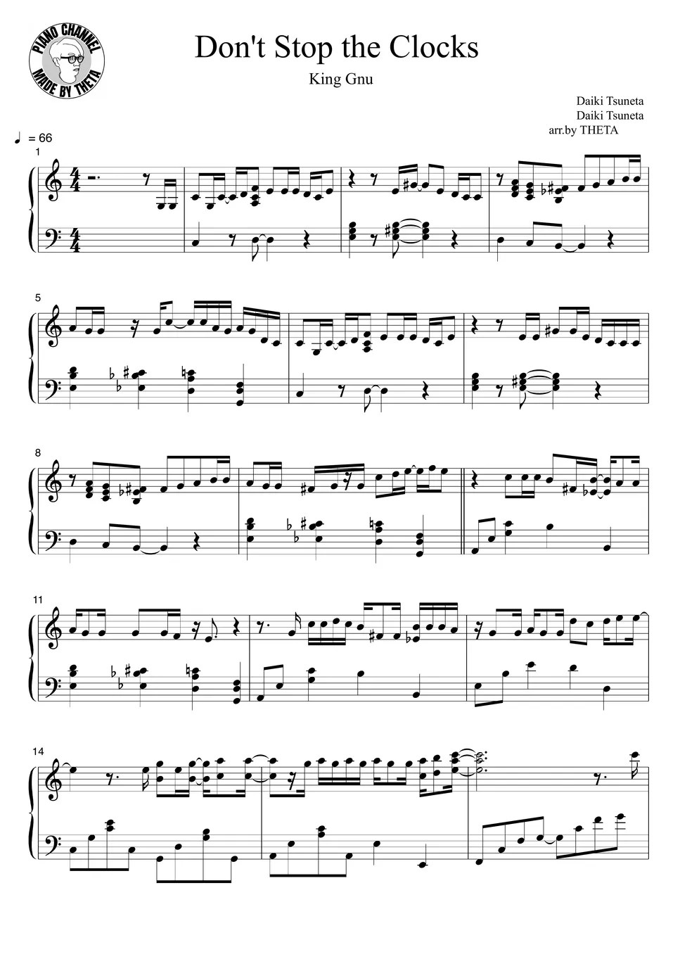 King Gnu Don't Stop the Clocks Sheets by THETA PIANO