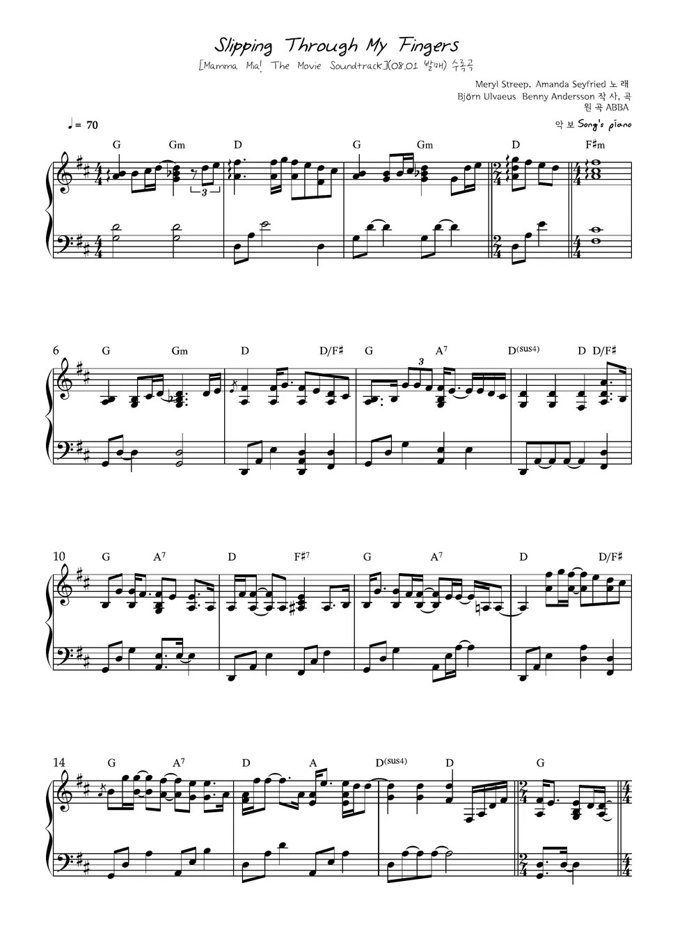 Meryl Streep Slipping Through My Fingers (원곡 ABBA/ 영화 '맘마미아' OST/ 피아노
