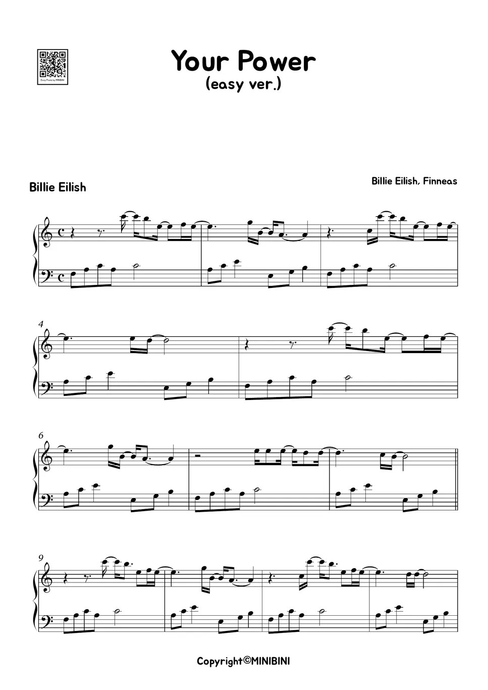 Billie Eilish Your Power (Easy Version) Lembar Musik by MINIBINI