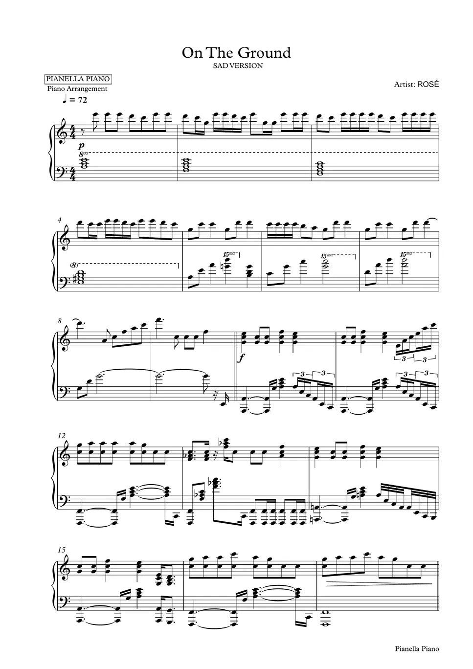 ROSÉ On The Ground Sad Version 楽譜 by Pianella Piano