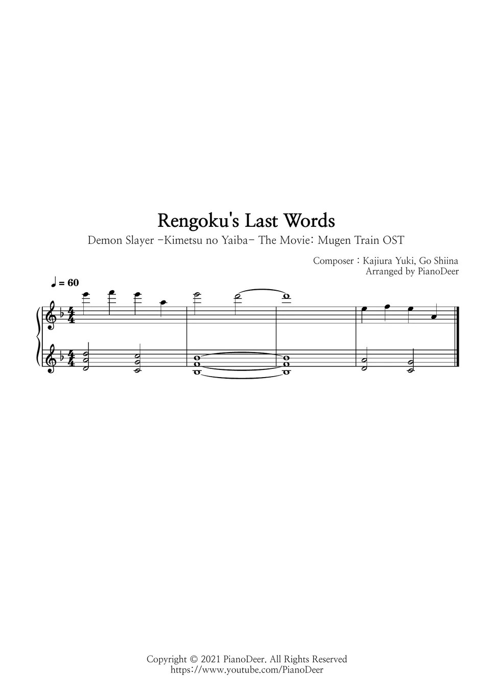 Demon Slayer Kimetsu No Yaiba OST Rengoku's Last Words Partitura by