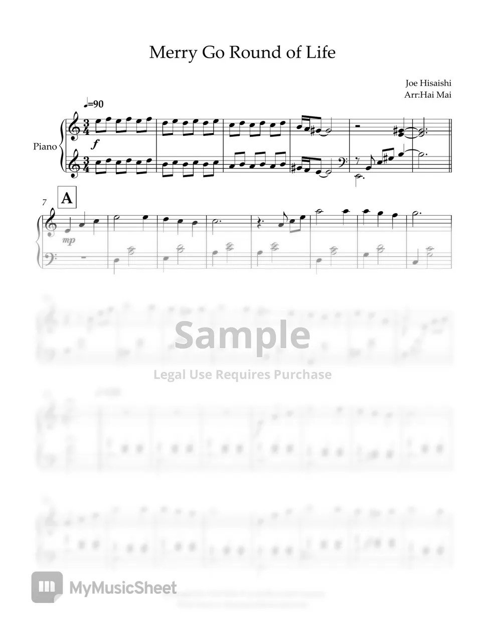 Joe Hisaishi Merry go round of life(A minor) (Easy Piano) Sheets by