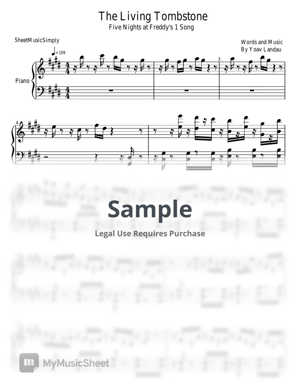 Yoav Landau Five Nights at Freddy's Sheets by SheetMusicSimply