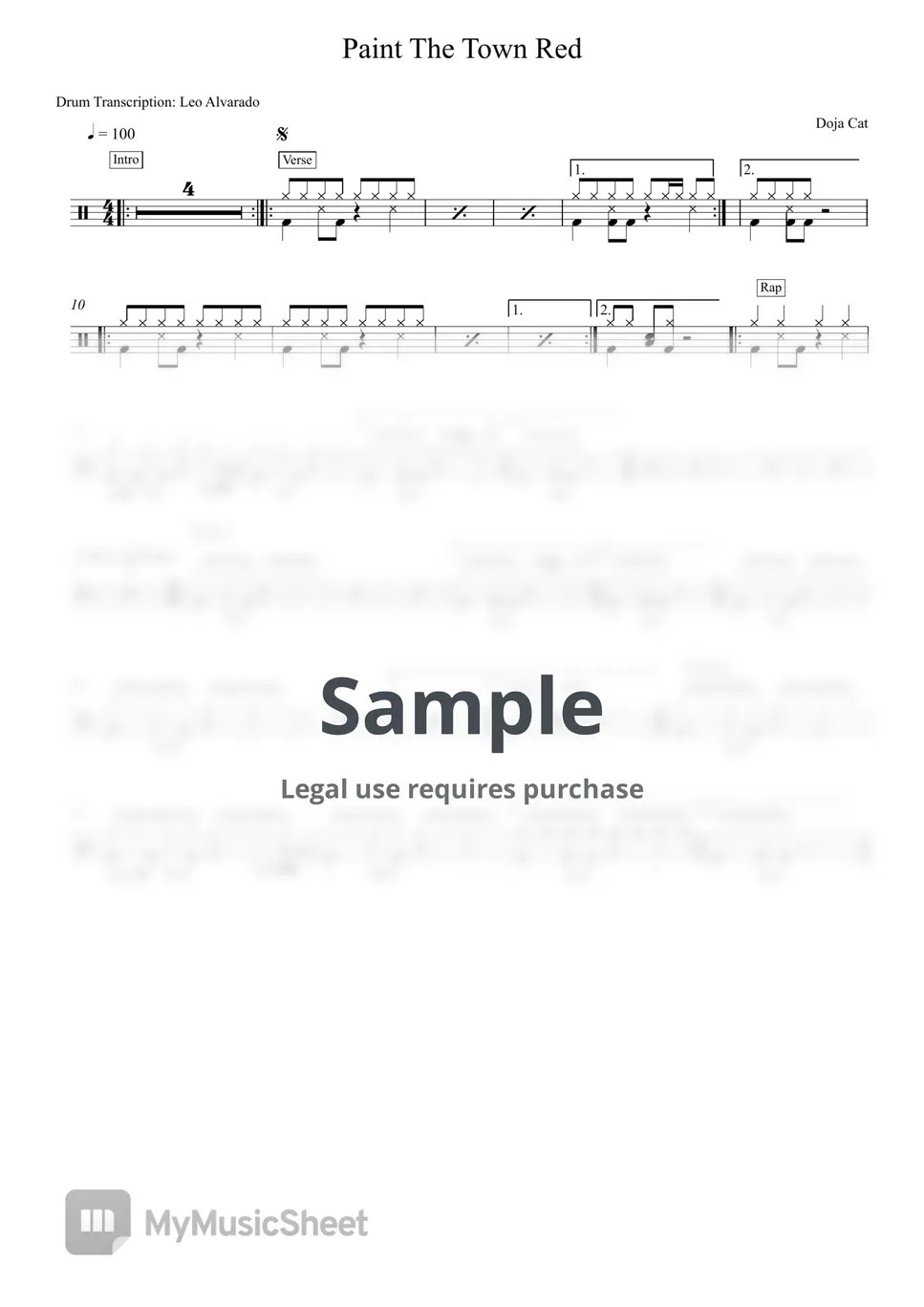 Doja Cat Paint The Town Red Sheets by Drum Transcription Leo Alvarado