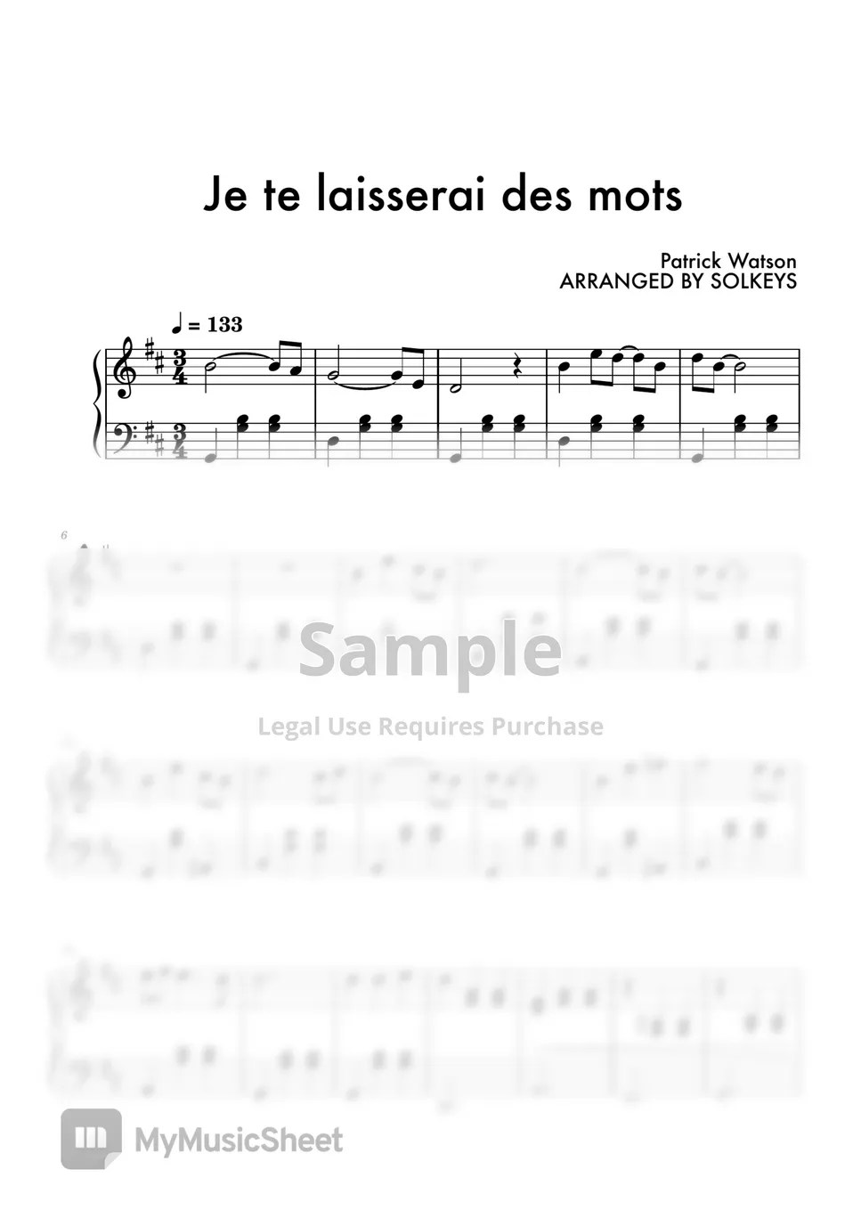 Patrick Watson Je Te Laisserai Des Mots 악보 by SolKeys