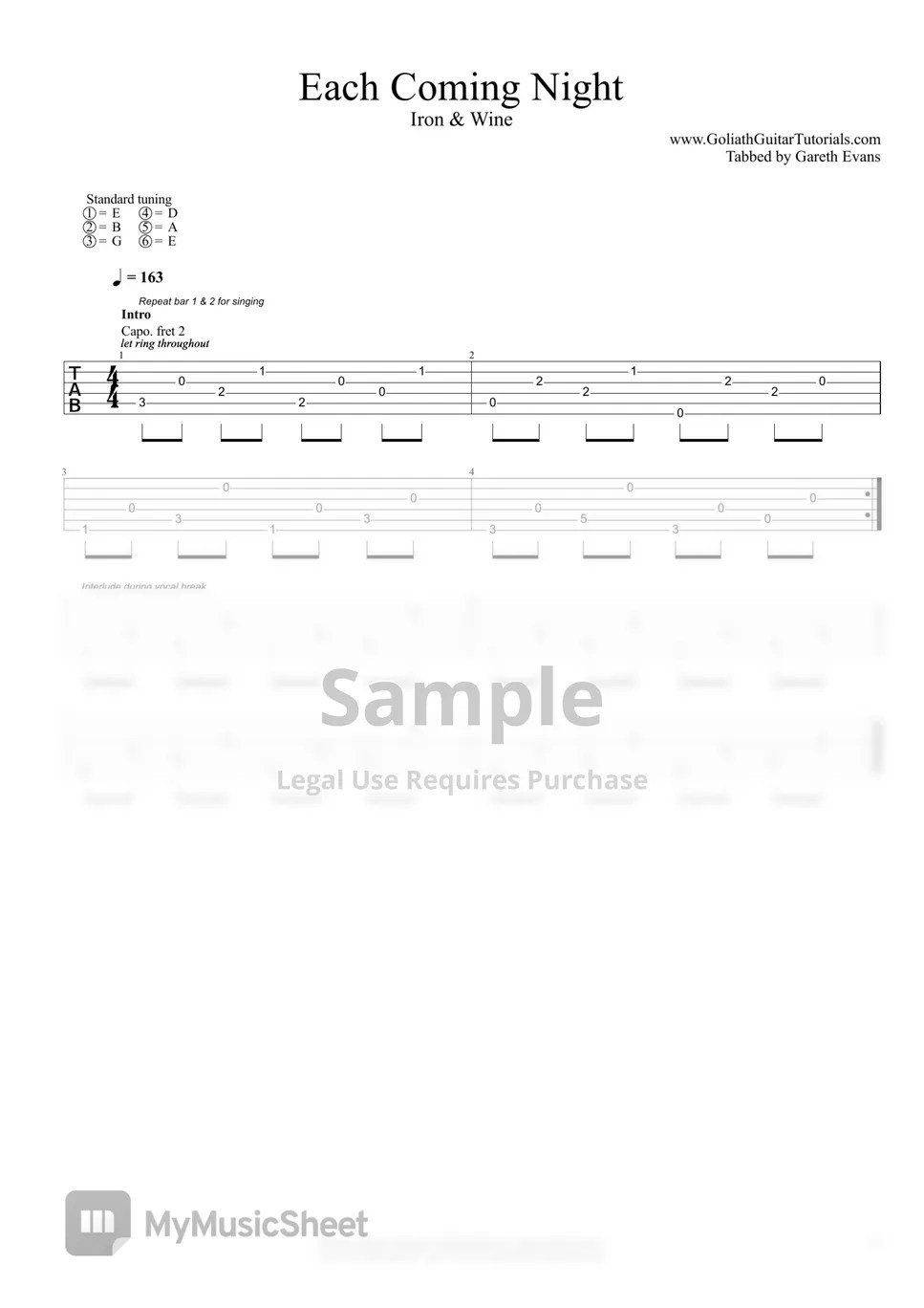 Iron & Wine Each Coming Night Sheets by Goliath Guitar Tutorials
