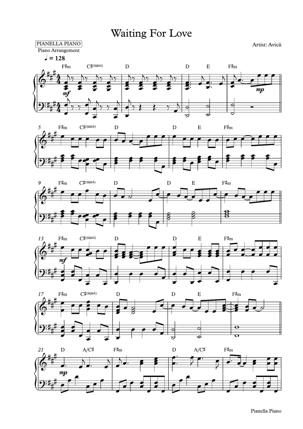 Avicii Waiting For Love (Piano Sheet) 楽譜 by Pianella Piano