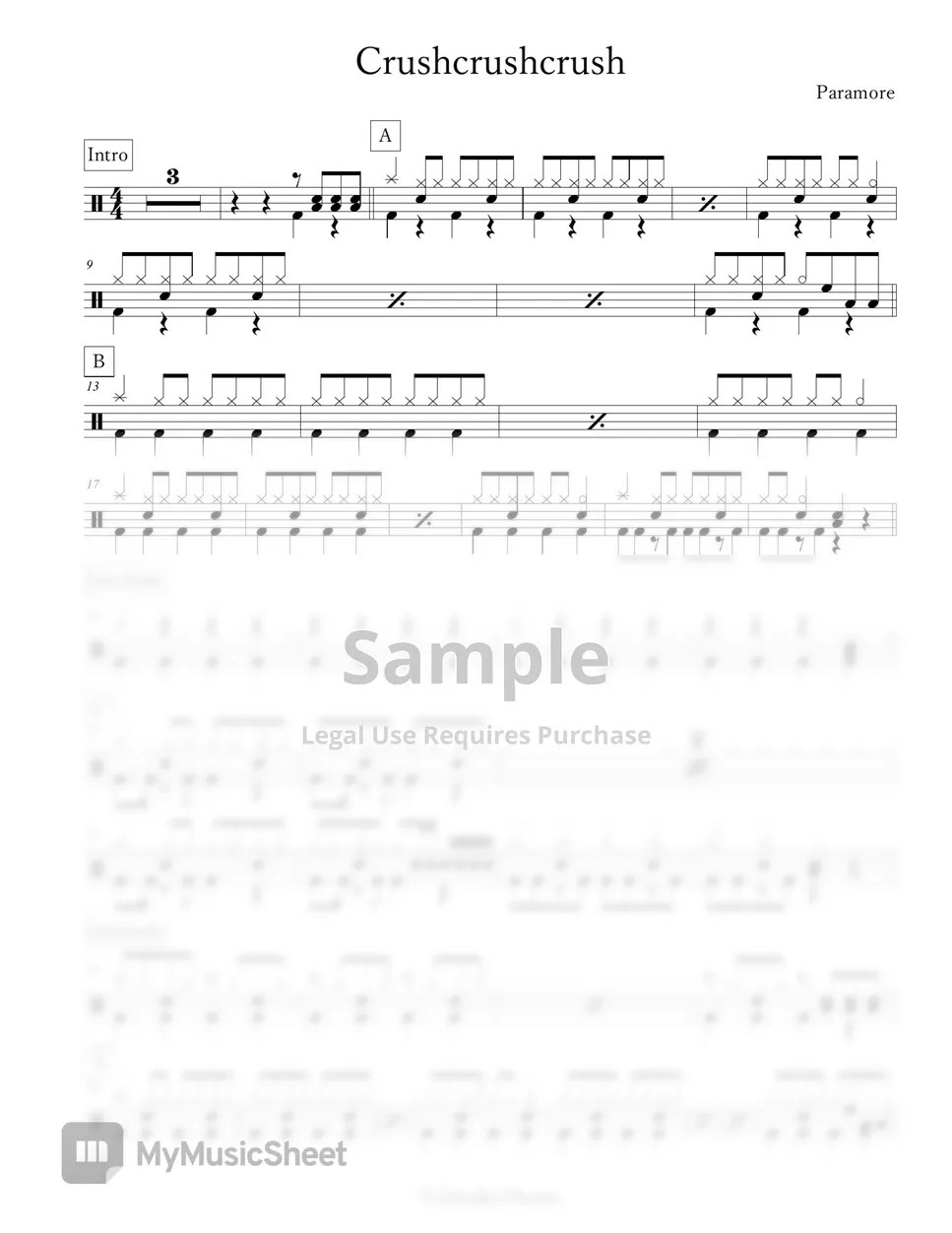 Paramore Crushcrushcrush 악보 by Arkadia Drums