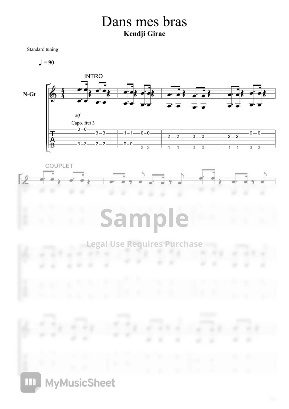 Kendji Girac Dans mes bras Tabulatura + 1 pięciolinia by