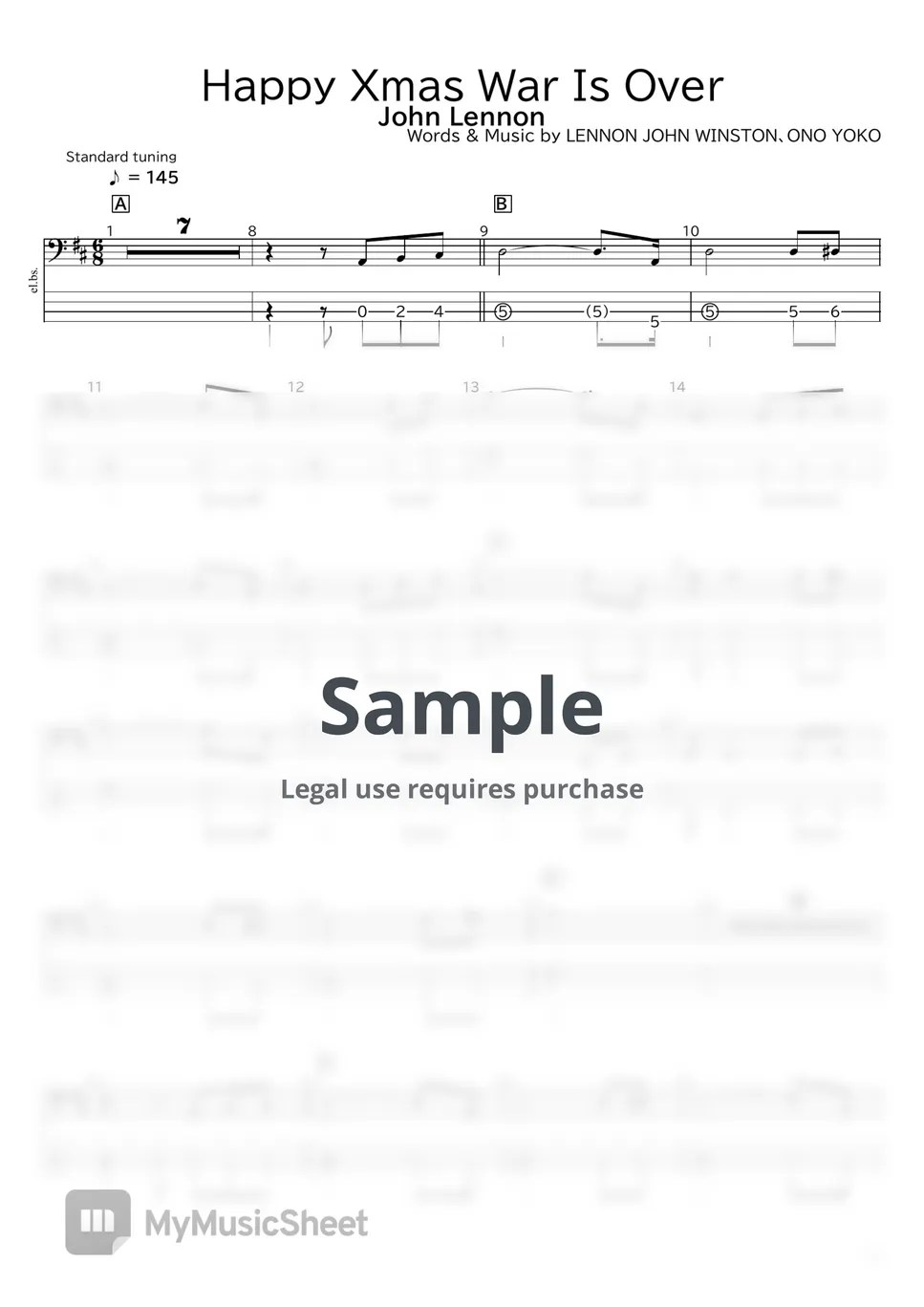 John Lennon Happy Xmas War Is Over 악보 by たぶべー＠財布に優しいベース楽譜屋さん（BASS・TAB譜）