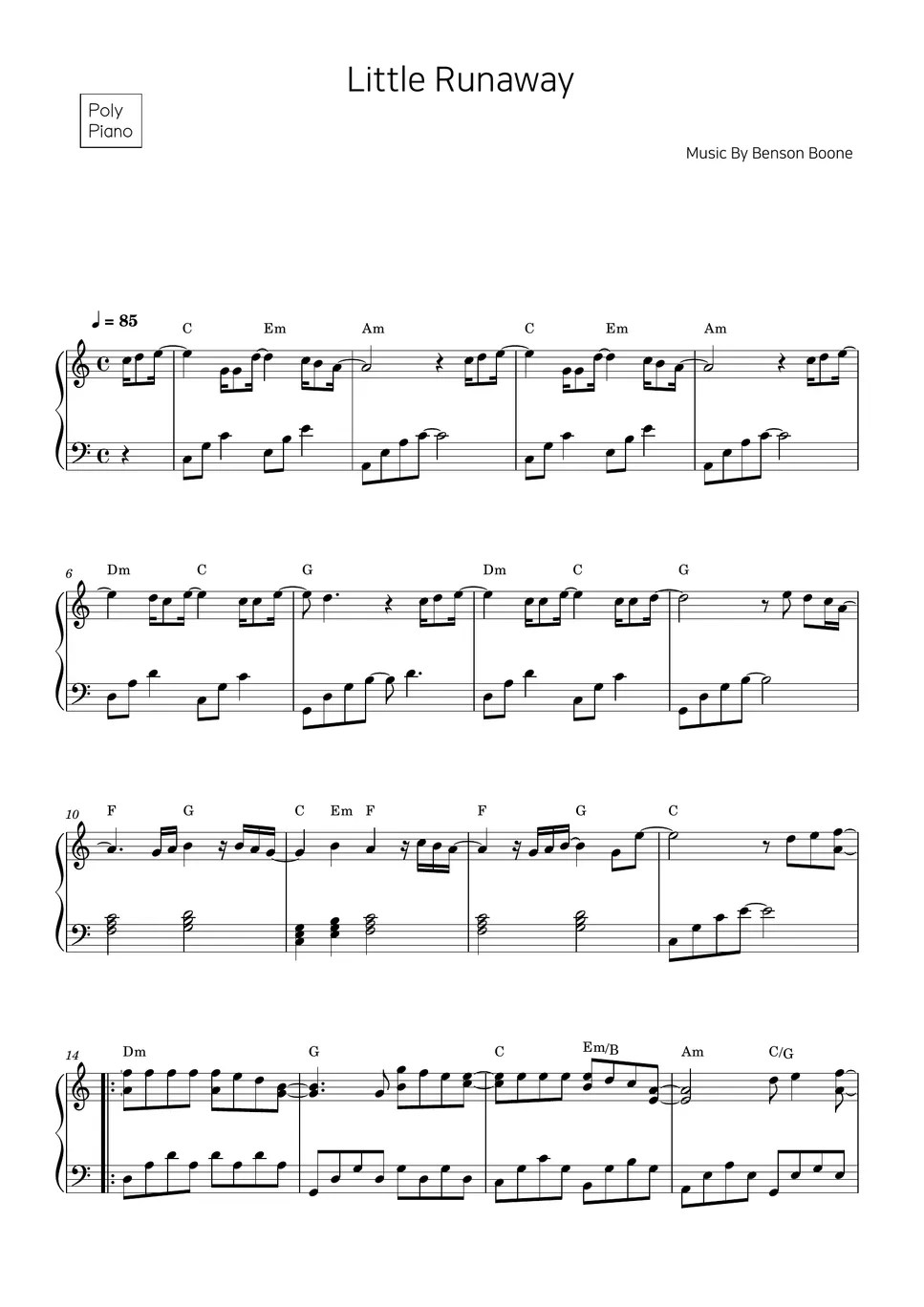 Benson Boone Little Runaway 樂譜 by POLYPiano