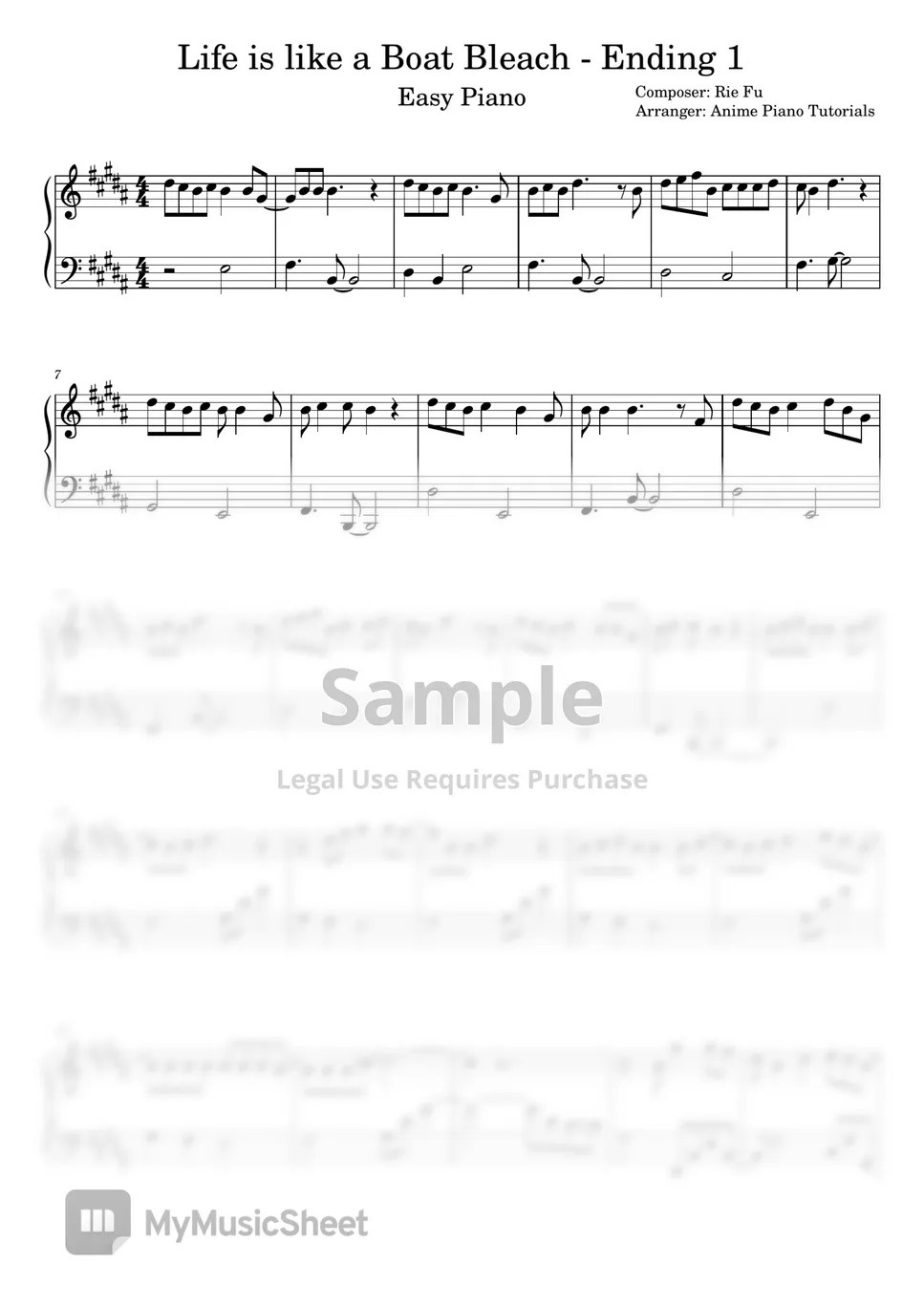 Rie Fu Life is like a Boat Bleach Ending 1 악보 by Anime Piano Tutorials