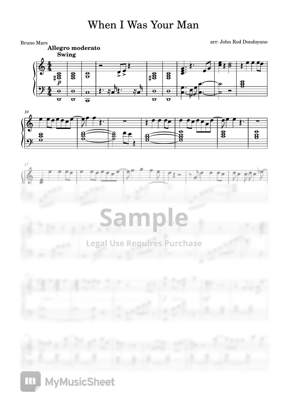 Bruno Mars When I Was Your Man (PIANO SHEET) Sheets by John Rod Dondoyano