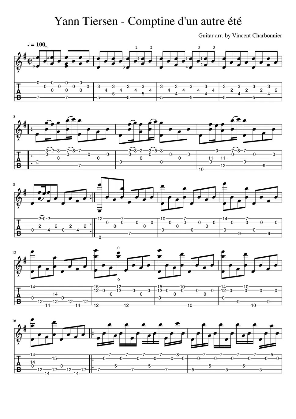 Yann Tiersen Comptine d'un autre été (Solo Guitar) TAB