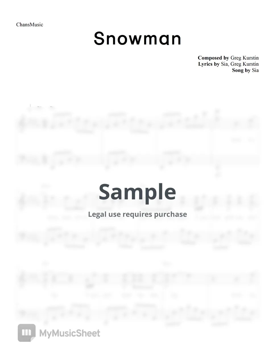 Sia Snowman (with Lyrics) Sheets by ChansMusic