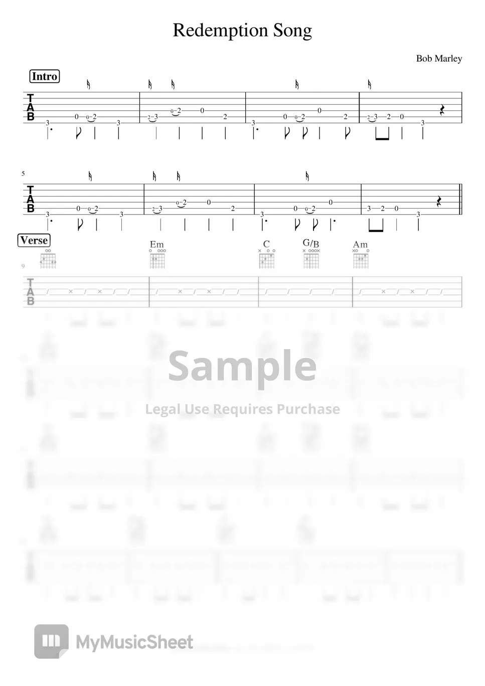 Bob Marley Redemption Song Sheets by Ontario Guitar Studio