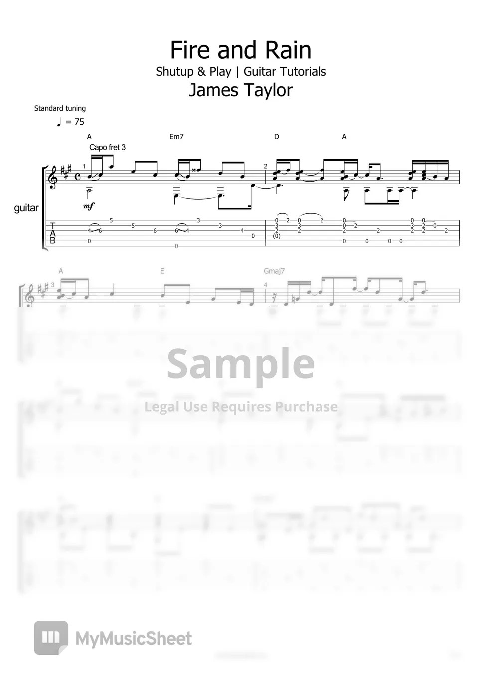 James Taylor Fire and Rain Sheets by Shutup & Play Guitar Tutorials