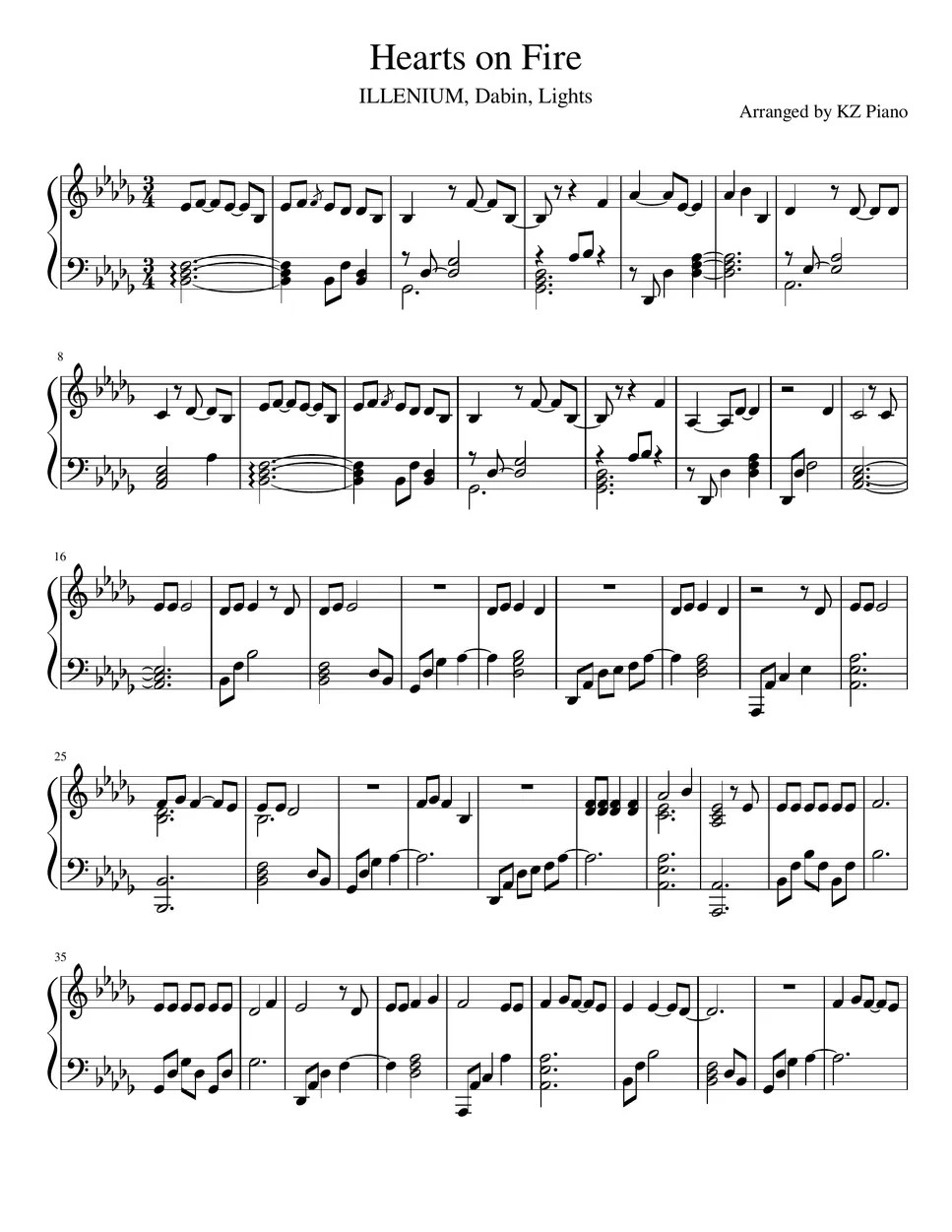 ILLENIUM, Dabin, Lights Hearts on Fire Sheets by KZ Piano