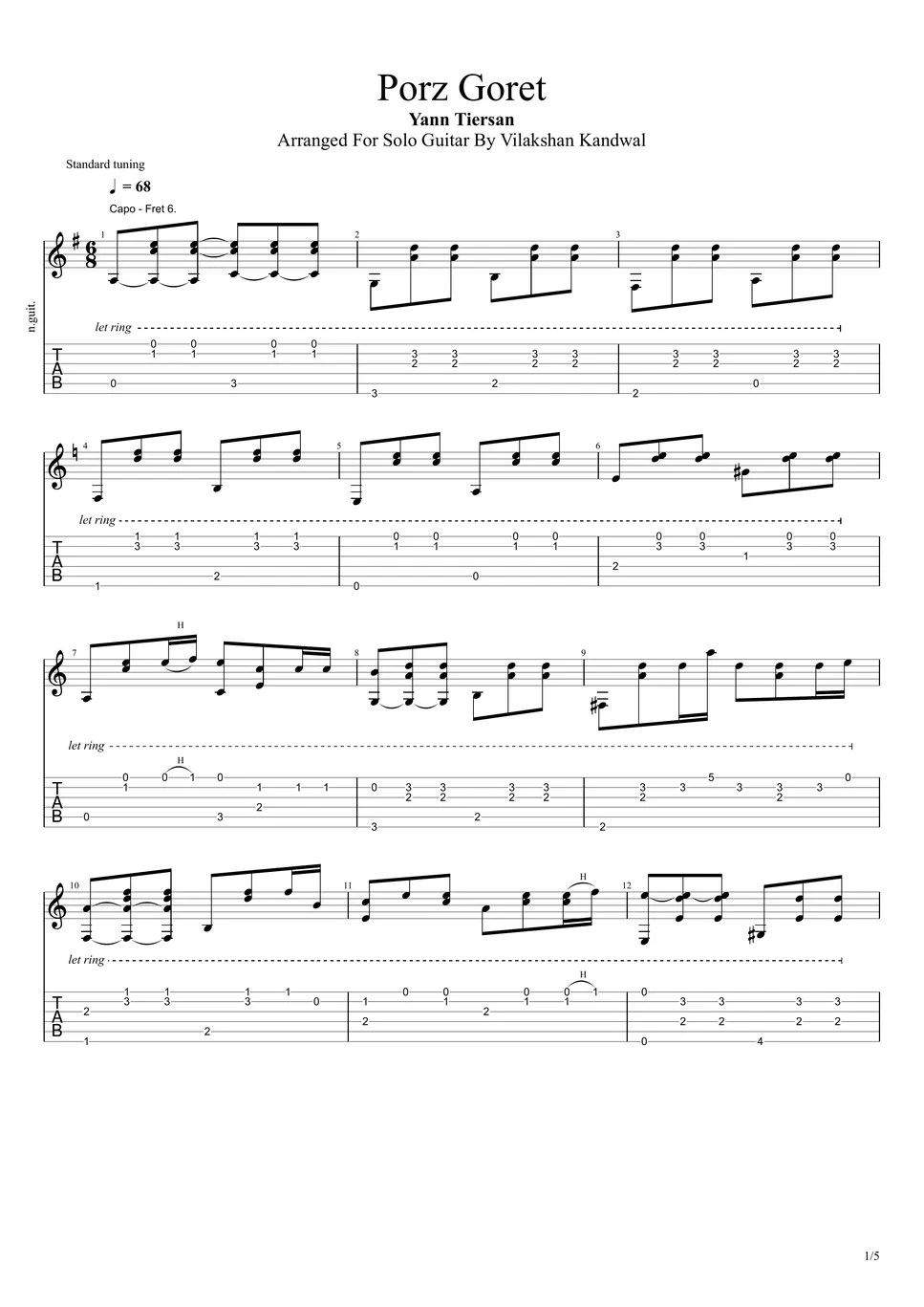 Yann Tiersen Porz Goret (Solo Guitar Arrangement For Porz Goret.) 악보