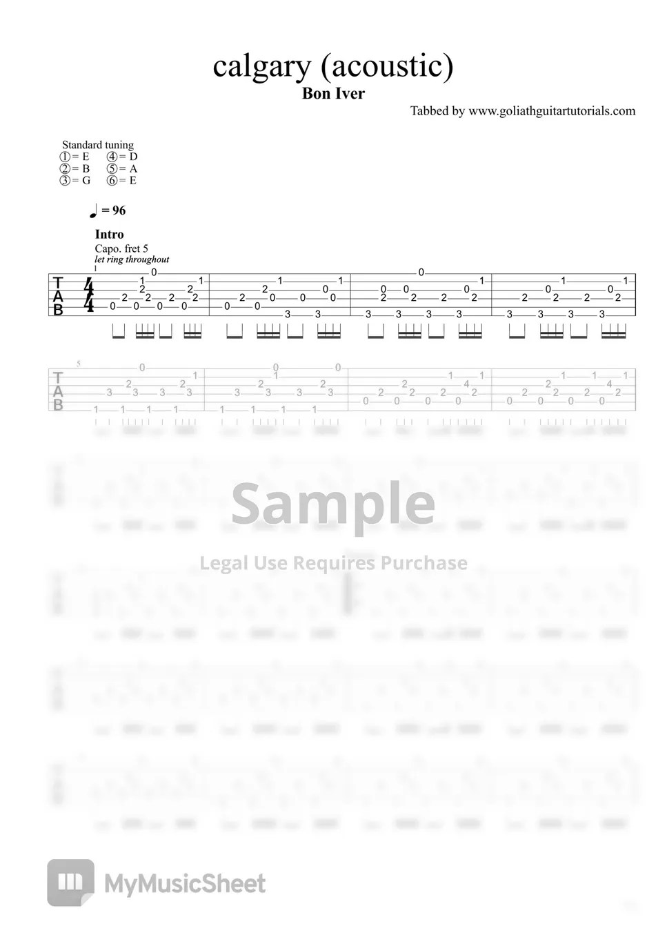 Bon Iver Calgary 악보 by Goliath Guitar Tutorials