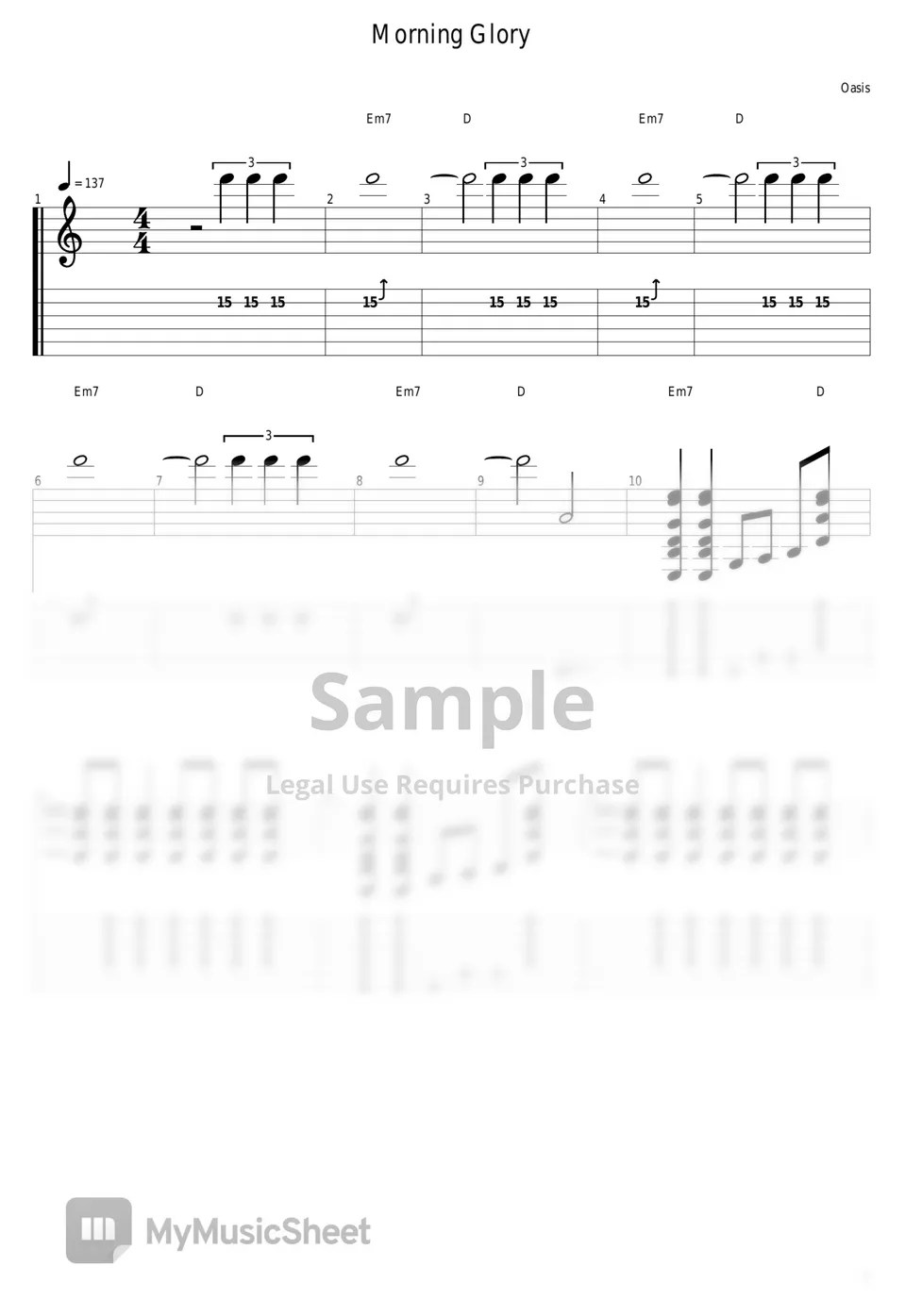 Oasis Morning Glory Tab + Partition à une seule portée by guitar