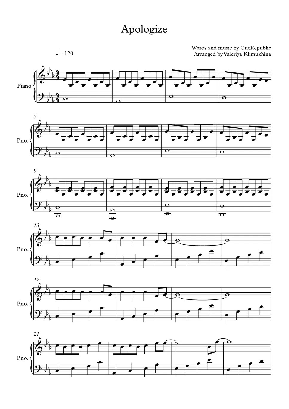 OneRepublic Apologize (for Piano Solo) Sheets