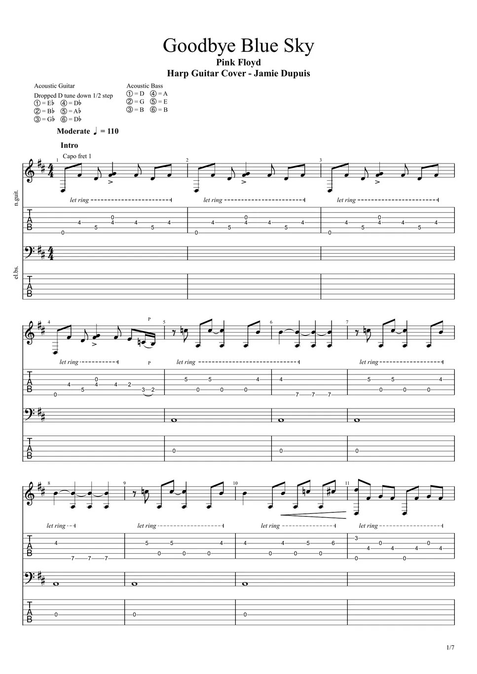 Pink Floyd Goodbye Blue Sky (Harp Guitar TAB) 楽譜 by Ivan