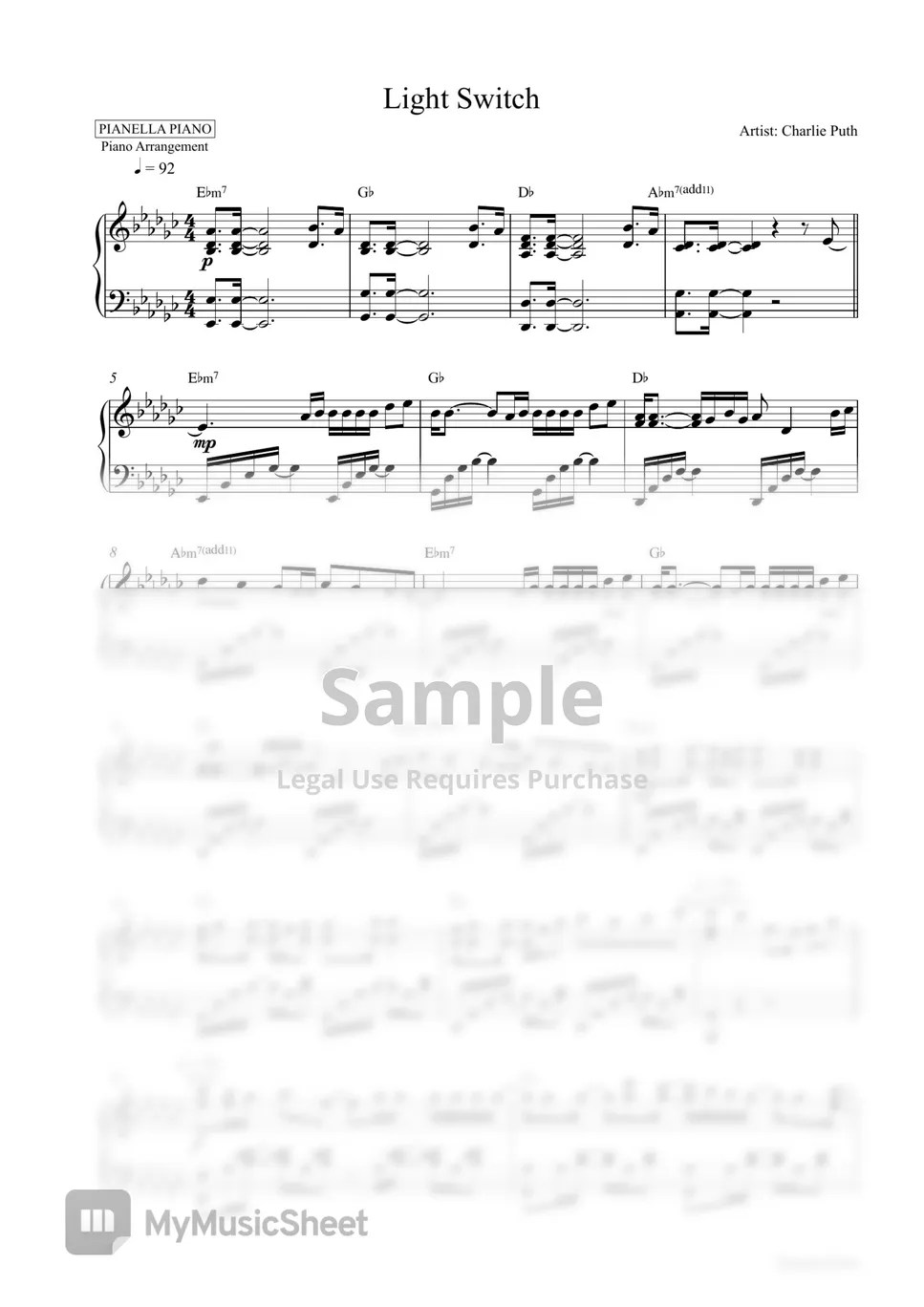 Charlie Puth Light Switch (Piano Sheet) Sheets by Pianella Piano