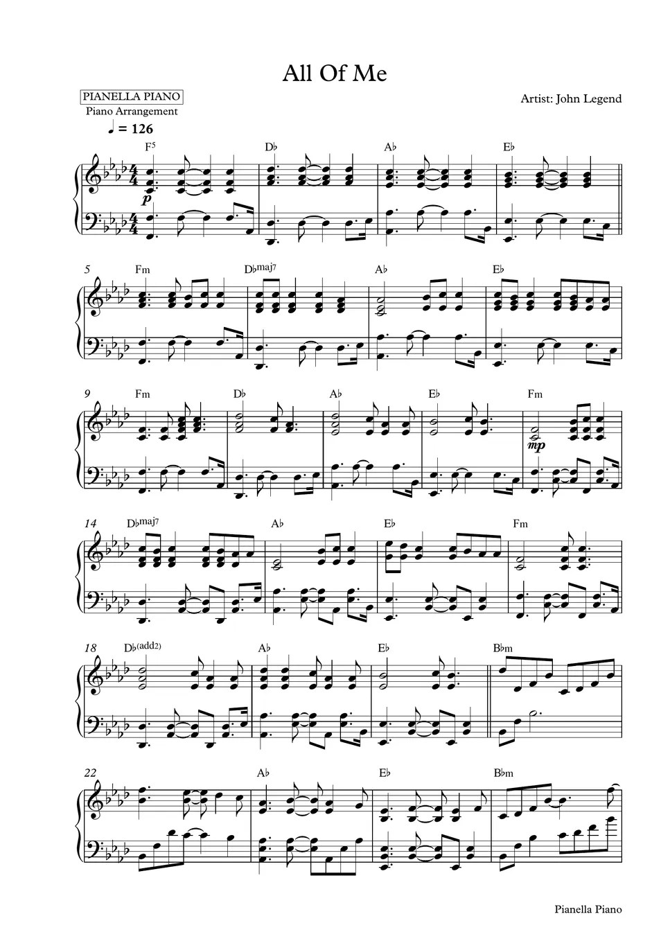 John Legend All of Me (Piano Sheet) 악보 by Pianella Piano