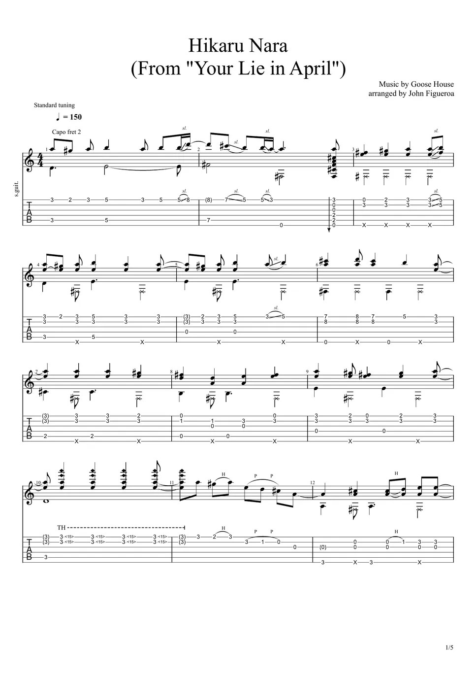 Goose House Hikaru Nara (OP1 From "Your Lie in April") Sheets by John