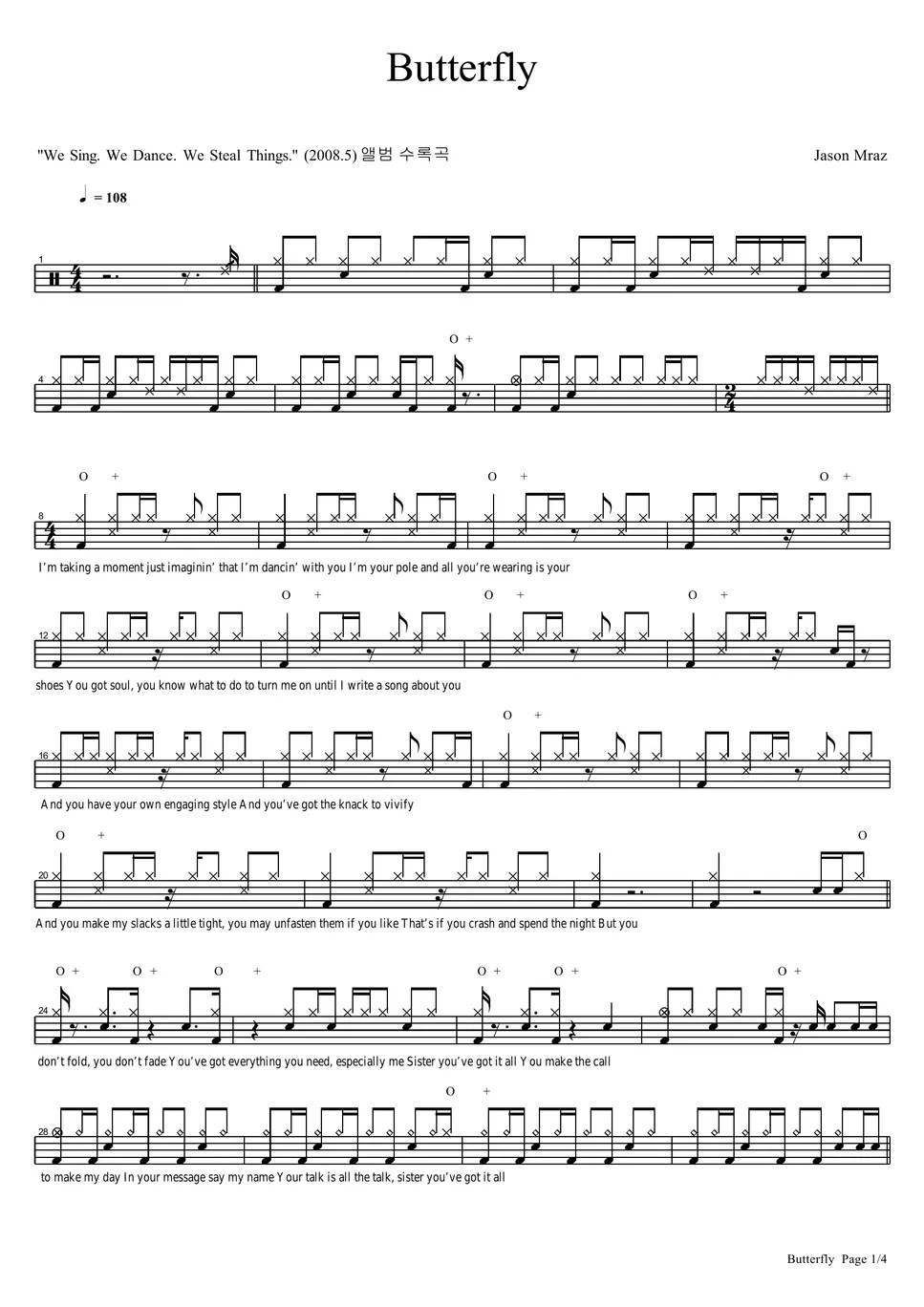 Jason Mraz Butterfly Sheet by COPYDRUM