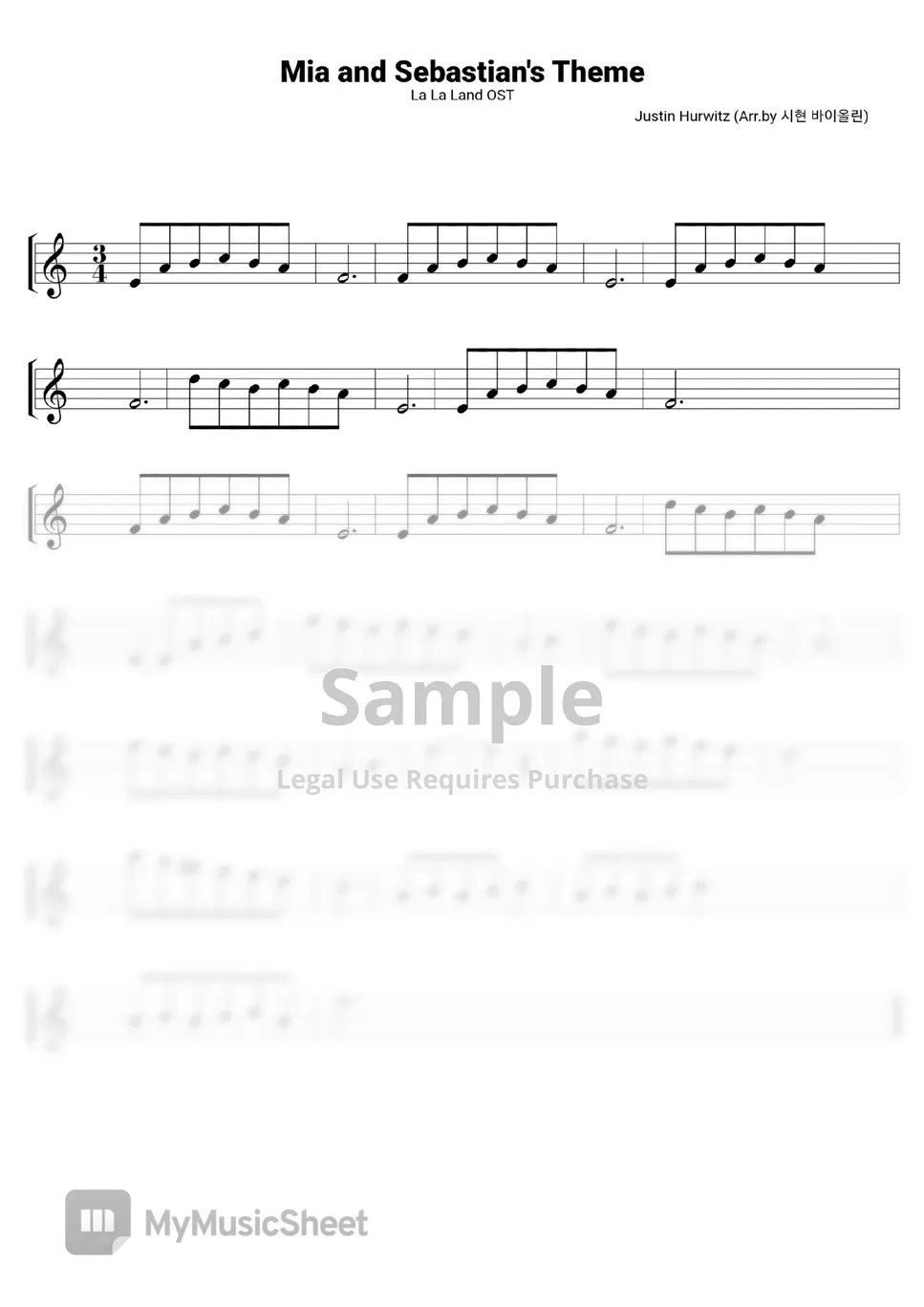 La La Land OST Mia & Sebastian's Theme 악보 by 시현 바이올린 (S.H Violin)