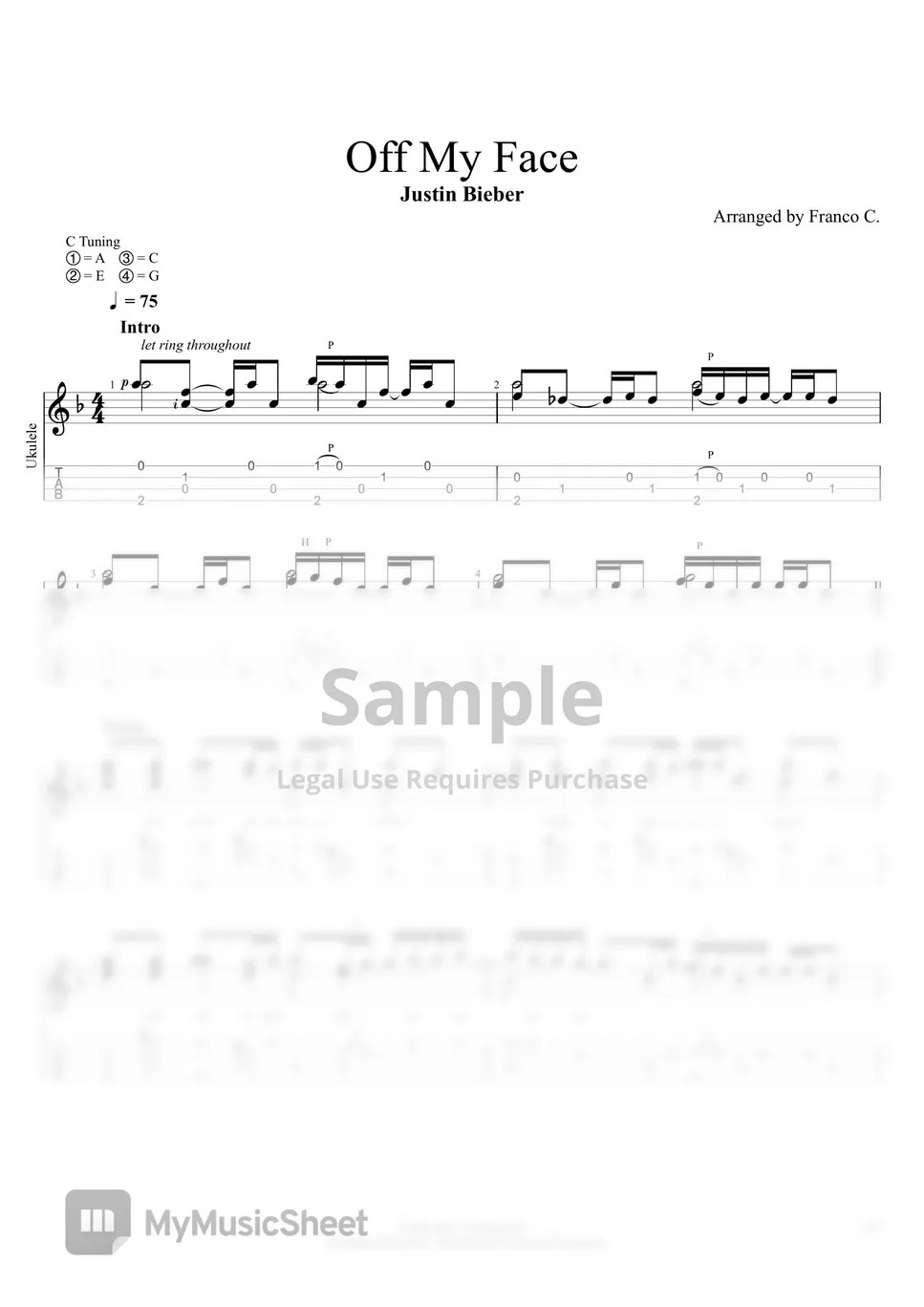 Justin Bieber Off My Face (Ukulele fingerstyle) Tab + 단선 악보 by Franco C