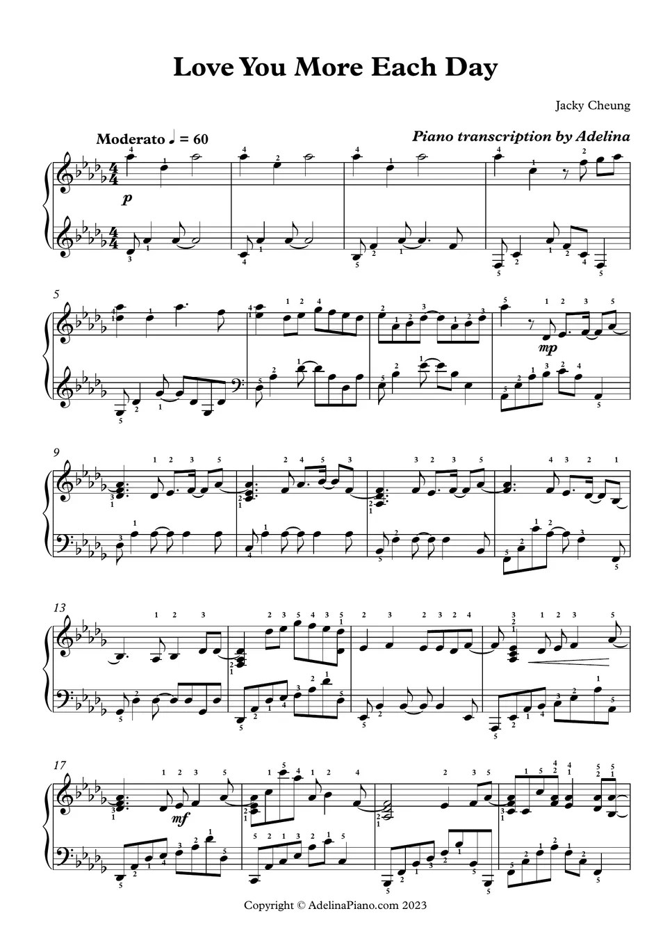 Jacky Cheung Love You More Each Day Sheets by Adelina Piano