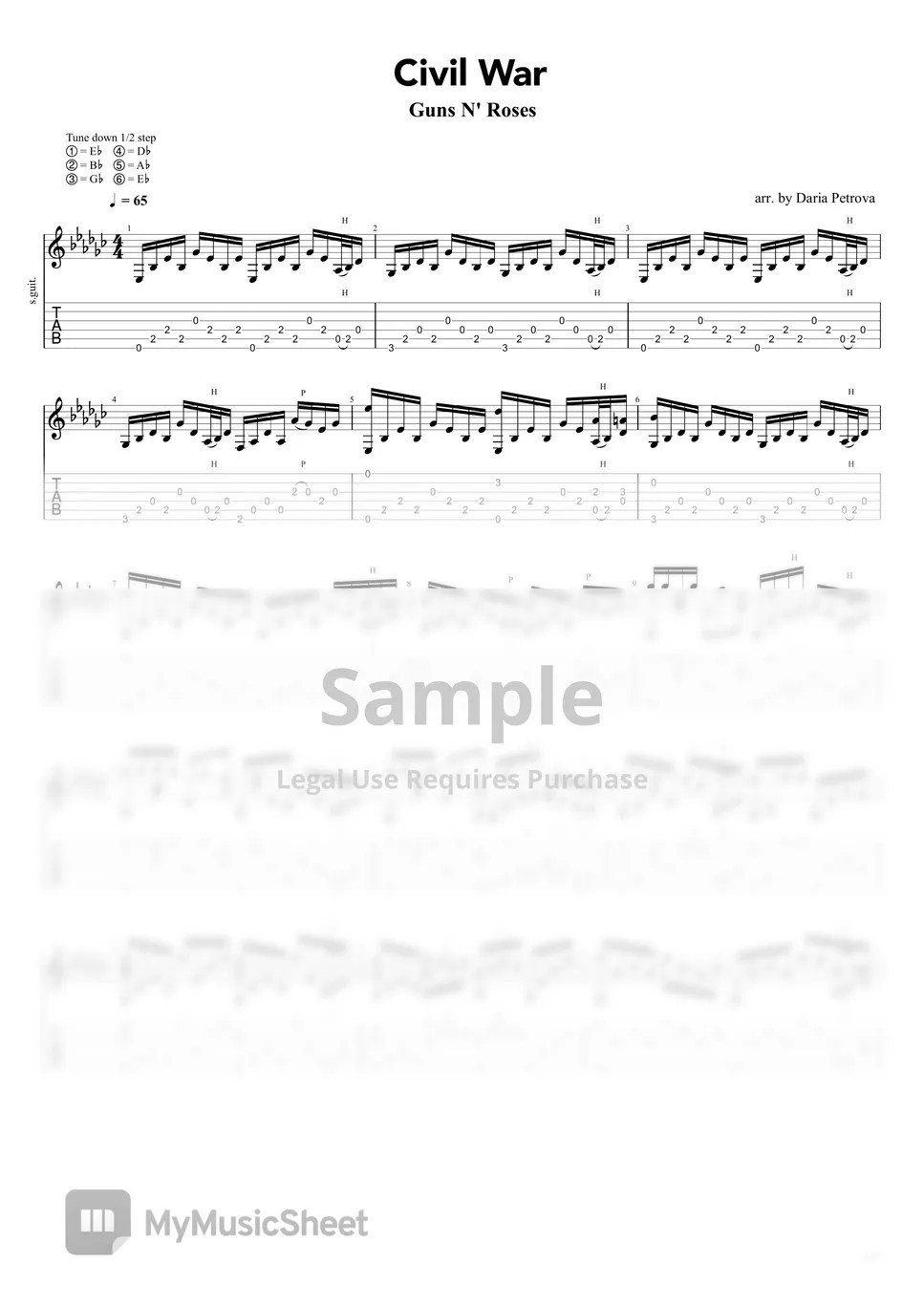 Guns N' Roses Civil War (Fingerstyle Guitar Arrangement, HalfStep Down Tuning, No Capo) TAB
