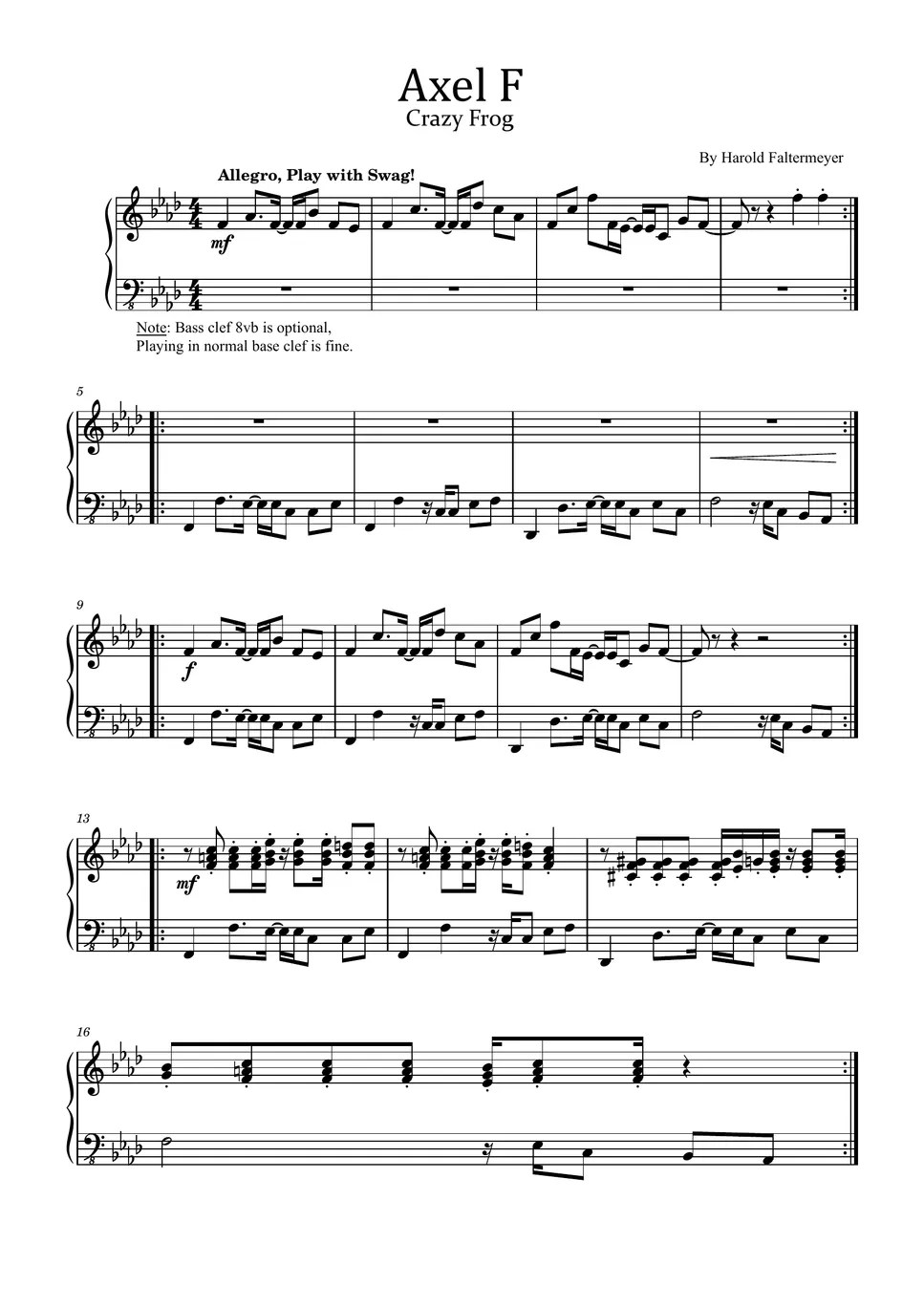 Harold Faltermeyer Axel F (Crazy Frog Piano Solo) 楽譜 by poon