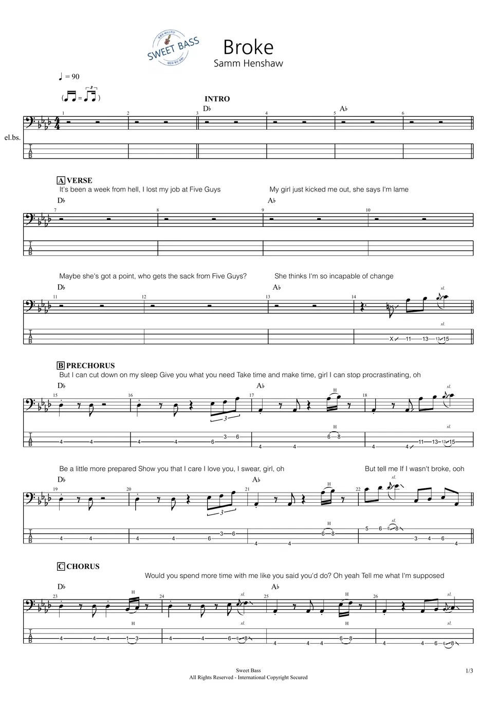 Samm Henshaw Broke [Original ver. Clef+TAB] (Bass) TAB by Sweet Bass