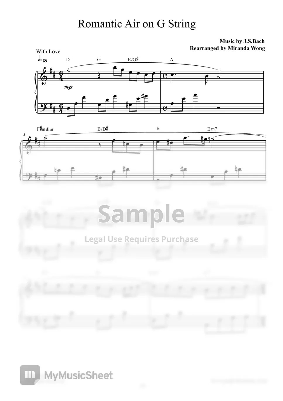 J.S.Bach Romantic Air on G String (Love Version) in D Sheets by