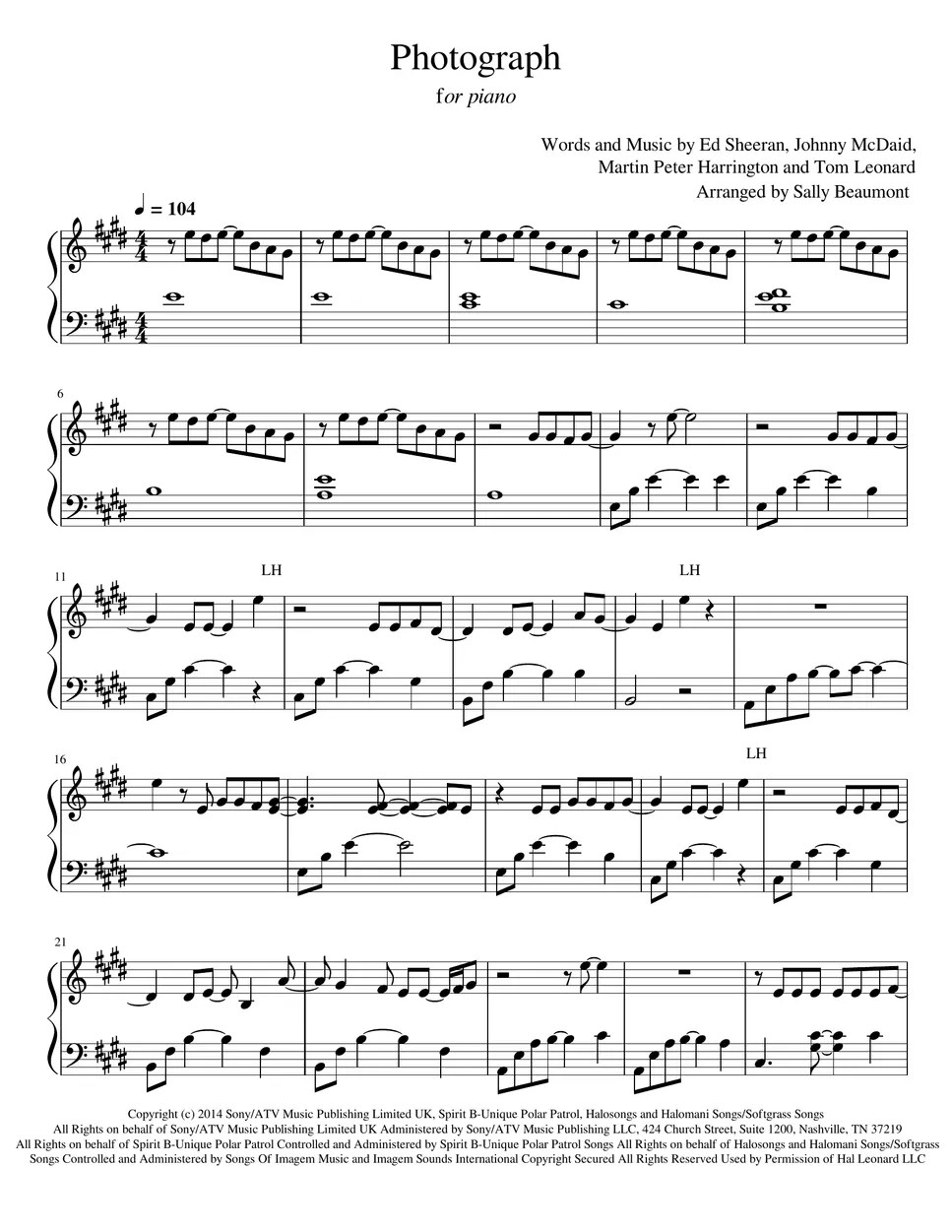 Ed Sheeran Photograph (Piano) Sheets by Sally Beaumont