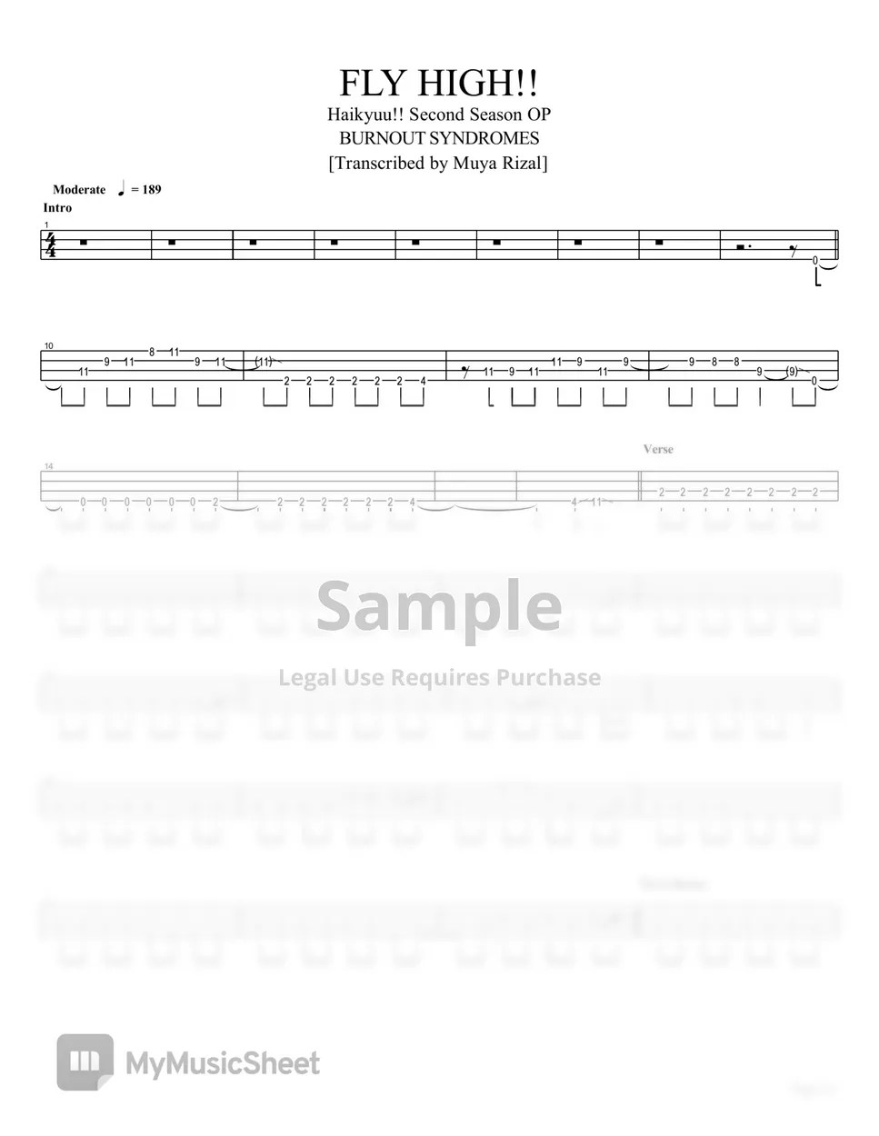 BURNOUT SYNDROMES Fly HIgh!! (Bass TAB Short Ver.) Sheets by Muya
