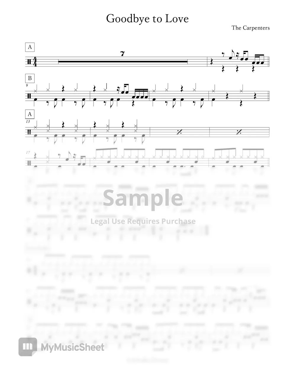 The Carpenters Goodbye to Love Sheets by Arkadia Drums