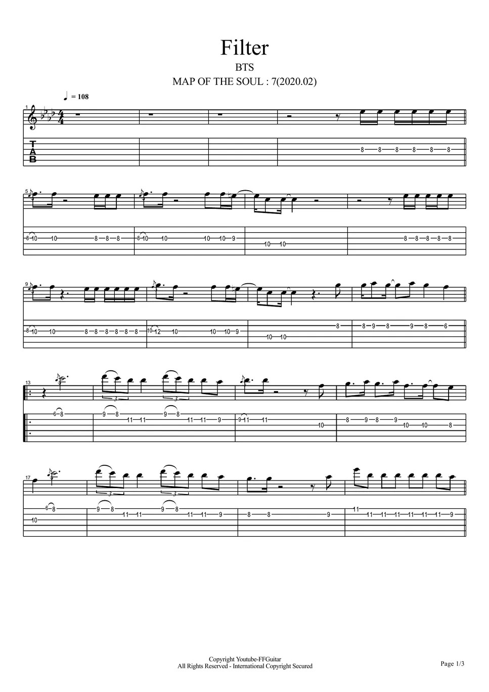 BTS Filter Guitar TAB by FFGuitar
