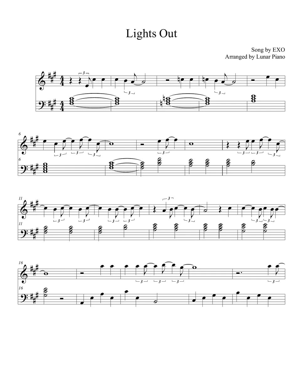 EXO 엑소 Lights Out by Lunar Piano Sheet