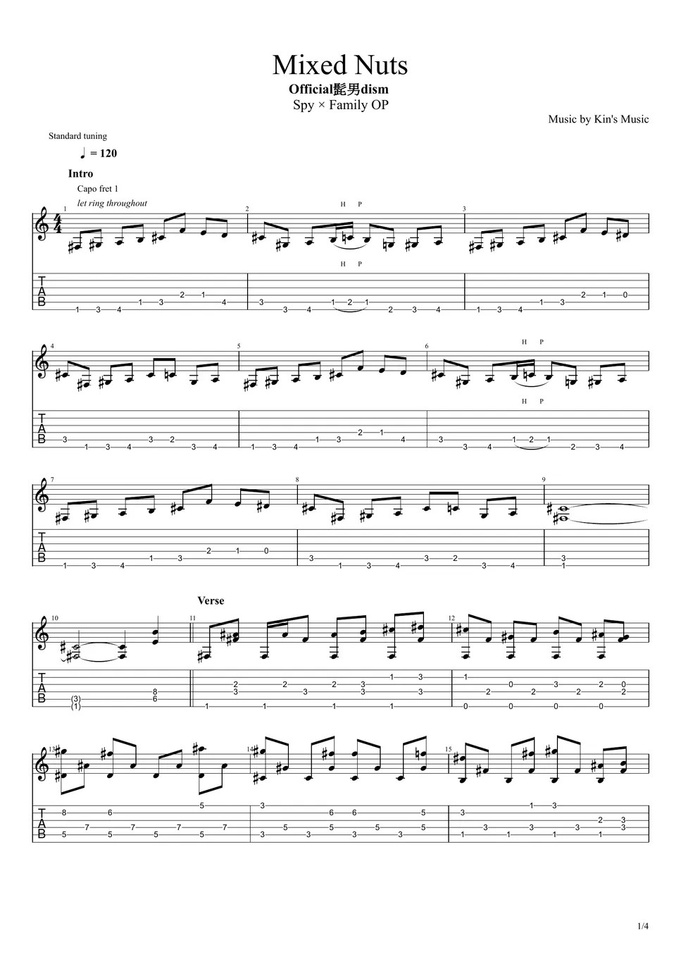 Official髭男dism [Spy × Family OP] Mixed Nuts Easy Guitar Fingerstyle For Beginner Sheets by Kin