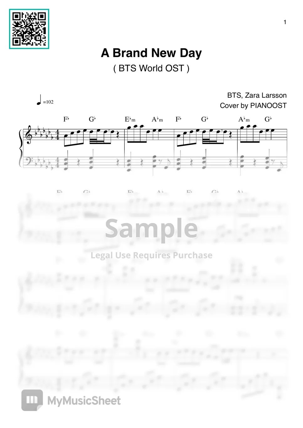 A Brand New Day BTS World OST Piano cover 악보