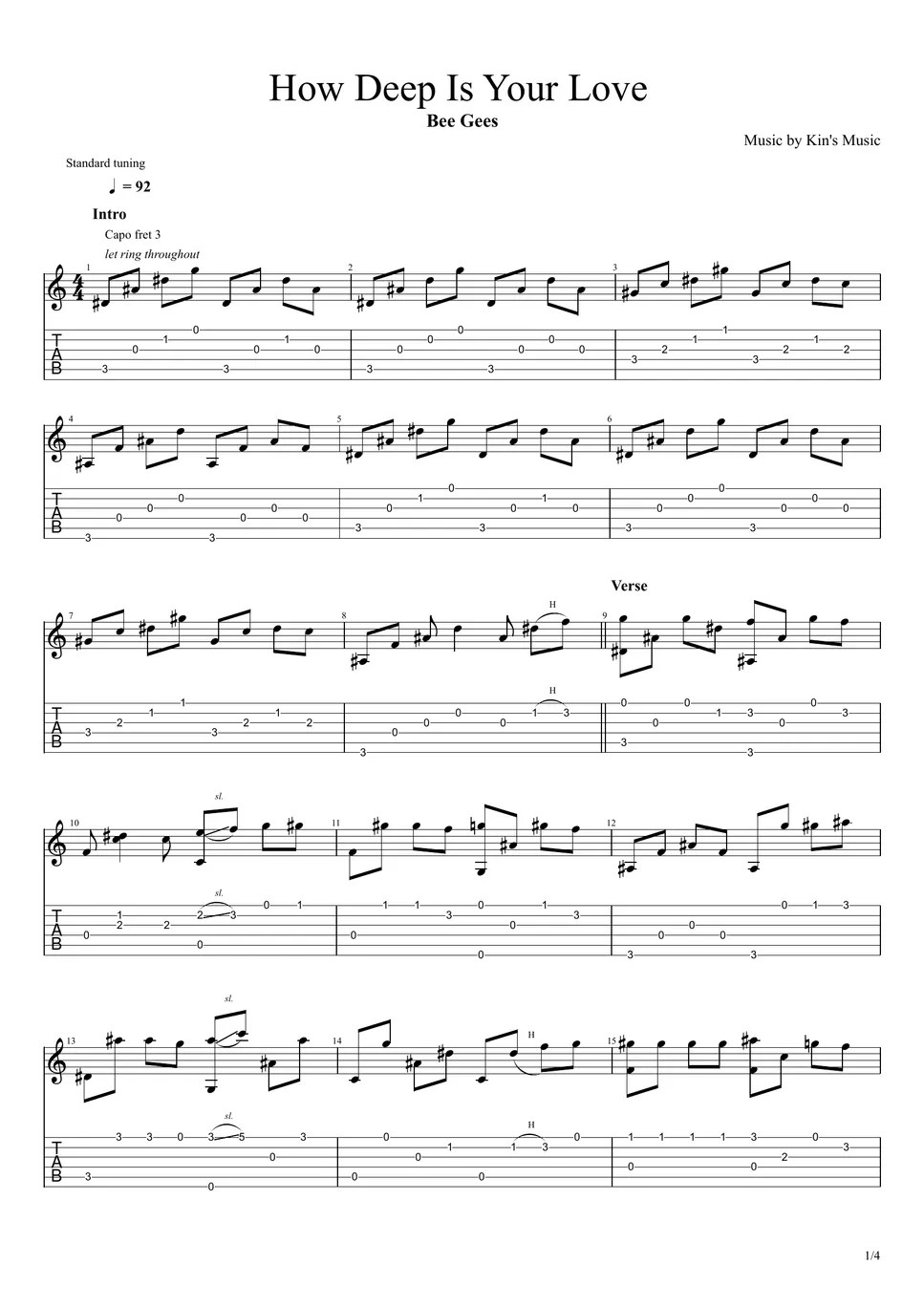 Bee Gees How Deep Is Your Love[Easy Guitar Fingerstyle For Beginner] Sheets by Kin's Music