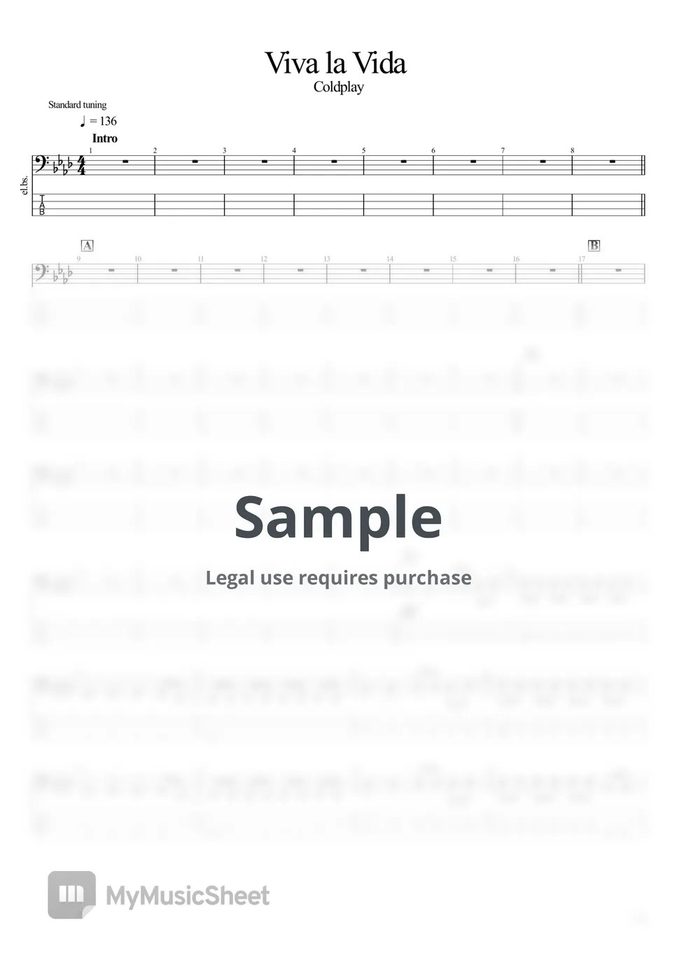 Coldplay Viva la Vida (베이스 악보 / 타브 포함) Tab + 1staff by BassBlur
